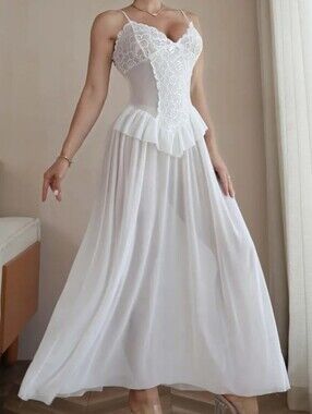 White Lace & Mesh Bodice Maxi Slip Dress W/Peplum Detail & Semi Sheer Skirt (M)